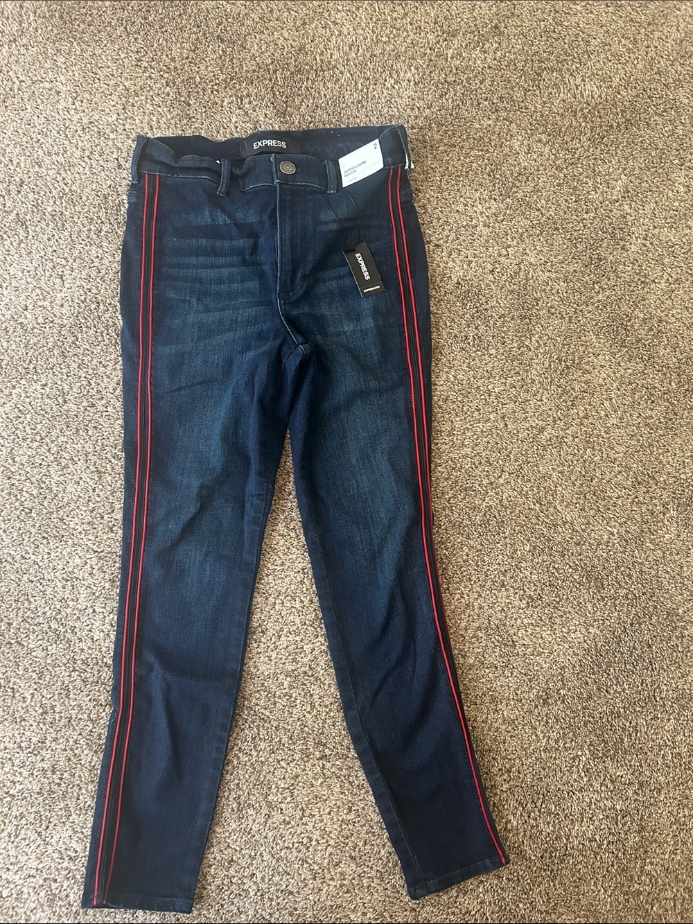 Express Dark Blue Skinny Jeans with Red Side Stripes